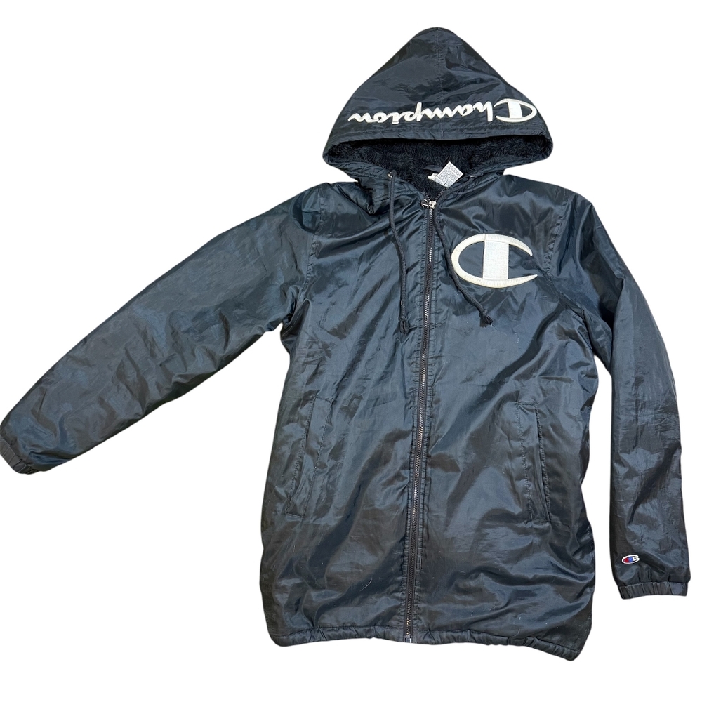 Champion Black Hooded Trench Coat Sylye Vintage Coat. 90s Y2K